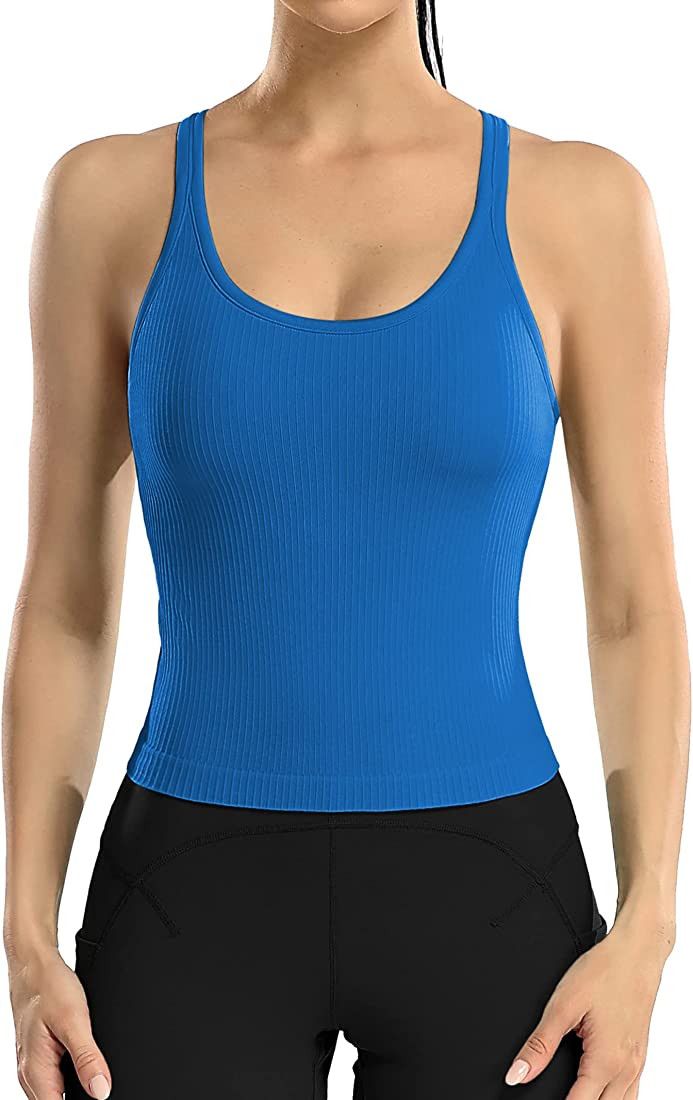 ATTRACO Women Ribbed Workout Crop Tops with Built in Bra Yoga Racerback Tank Top Tight Fit | Amazon (US)