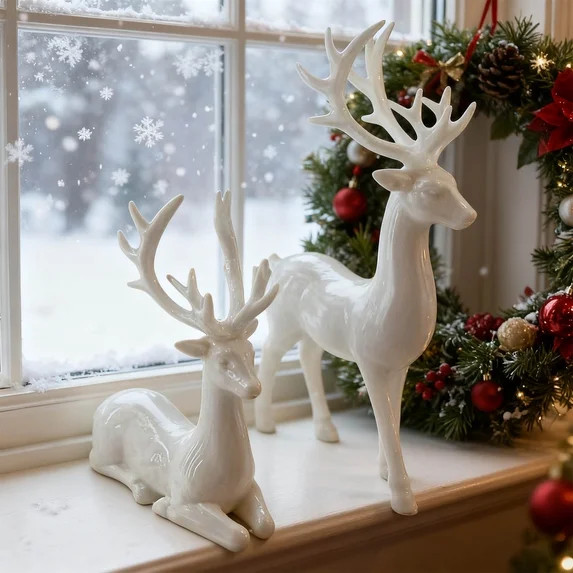 Christmas Deer Figurine Set of 2, Holiday Deer Ornaments for Mantel Decor, Festive Christmas Deco... | Walmart (US)