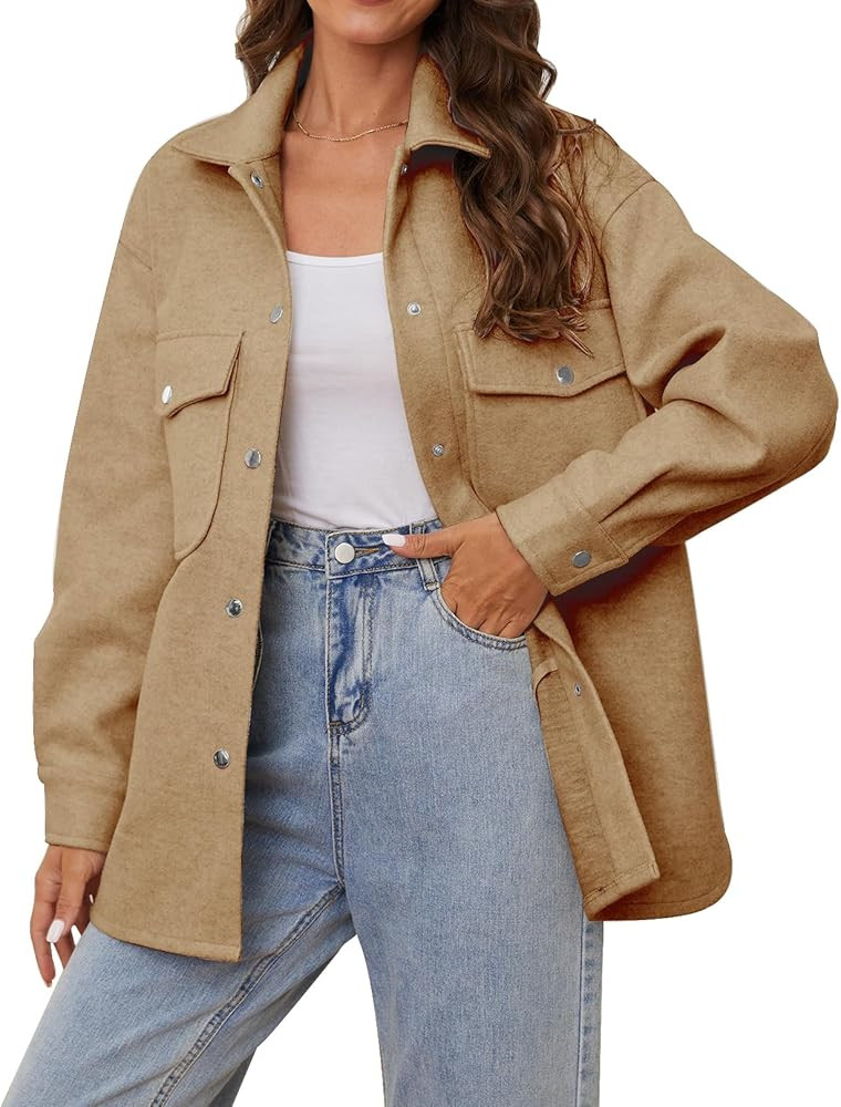 OSTOO Women's 2024 Oversized Lightweight Long Sleeves Shacket Jacket Button Down Wool Blend Coats... | Amazon (US)