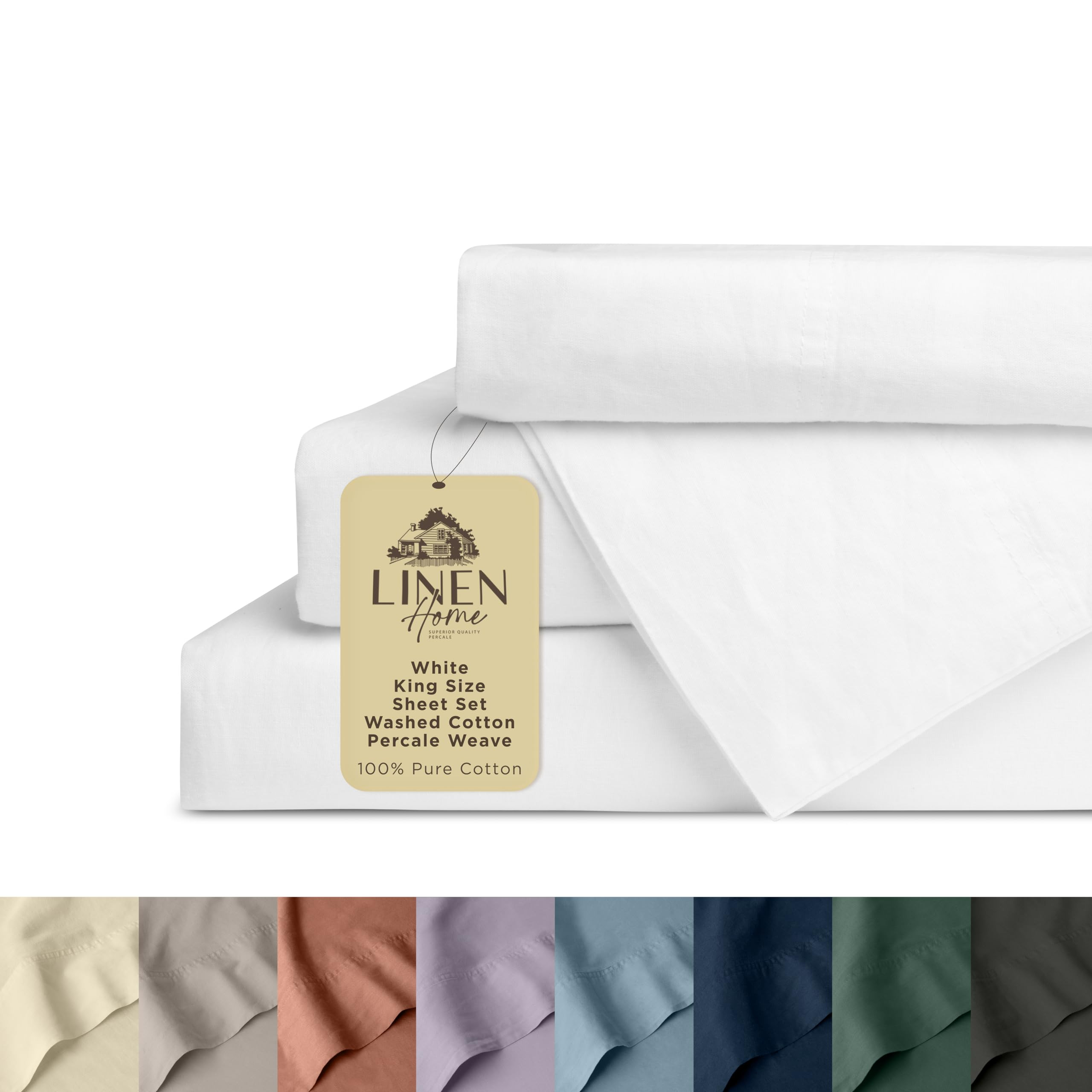 Linen Home Washed Cotton Percale King Sheet Set, White, Preshrunk, 4 Pieces Sets - 1 Flat, 1 Deep... | Amazon (US)
