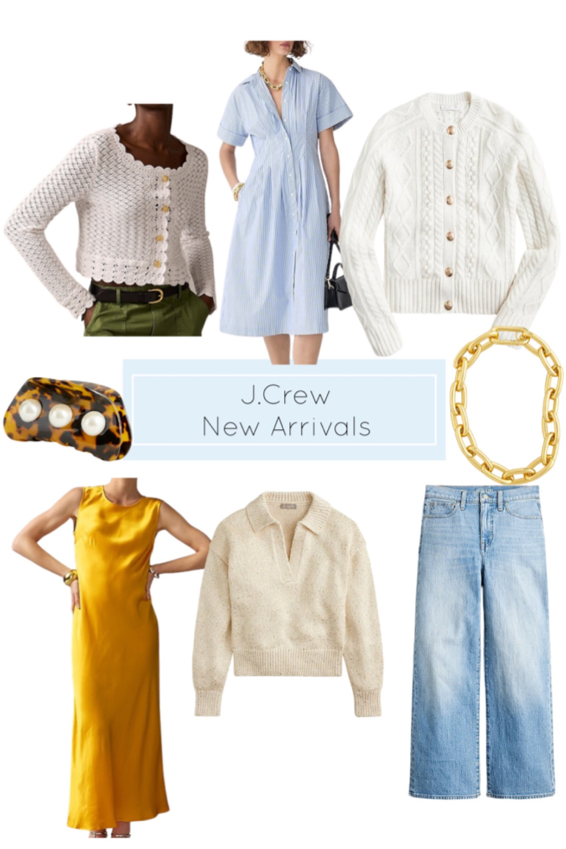 Must haves from J.Crew new arrivals. Pre-fall fashion. White knit cardigan. High rise wide legged jeans. Yellow silk dress. Gold chain link necklace. Daisy embroidered cardigan. Blue stripe shirtdress. Sequin pull over sweater. 
.
.
.
… #ltkwedding 

#LTKstyletip #LTKBacktoSchool #LTKworkwear