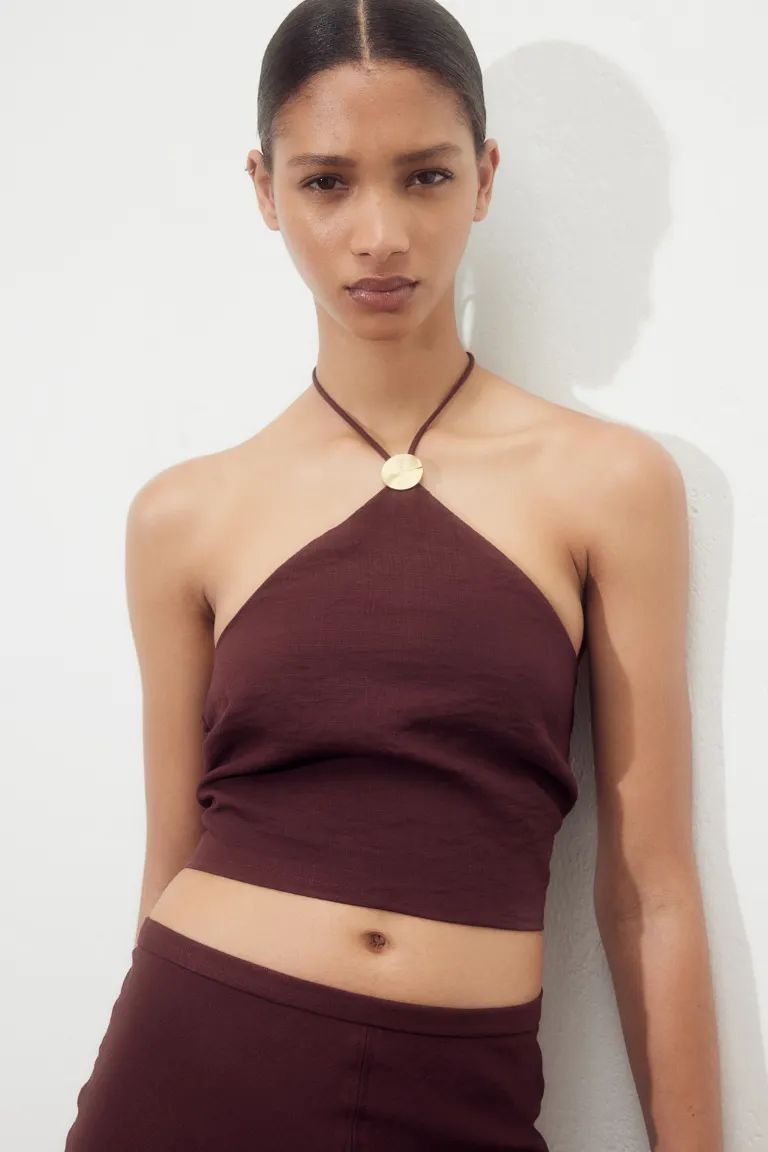 Halterneck cropped top - Halterneck - Sleeveless - Dark brown - Ladies | H&M GB | H&M (UK, MY, IN, SG, PH, TW, HK)