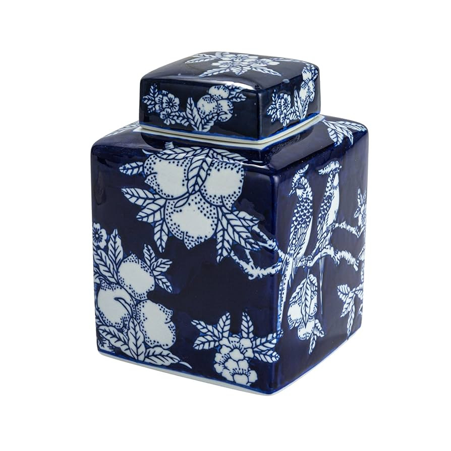 Creative Co-Op Square Ceramic Ginger Jar with Lid, Blue and White | Amazon (US)