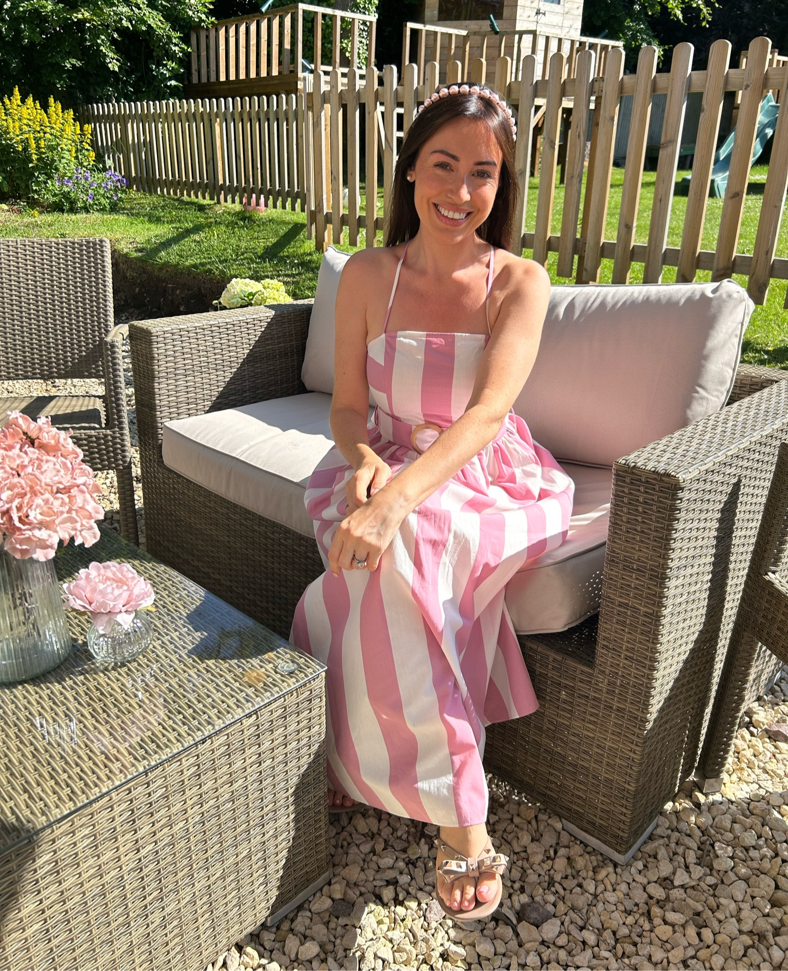 Pink stripe criss cross back belted sun dress ☀️

The straps are adjustable - I’m wearing a size 6 and I’m 5’4 for reference and you can wear a strapless bra with it. I think it comes true to size. 

I wore with a pink pearl head band and my favourite blush Valentino bow sandals which are so comfy. 

I’ve seen online it comes in other colours and a spotted version too 🩵

#LTKstyletip #LTKbeauty