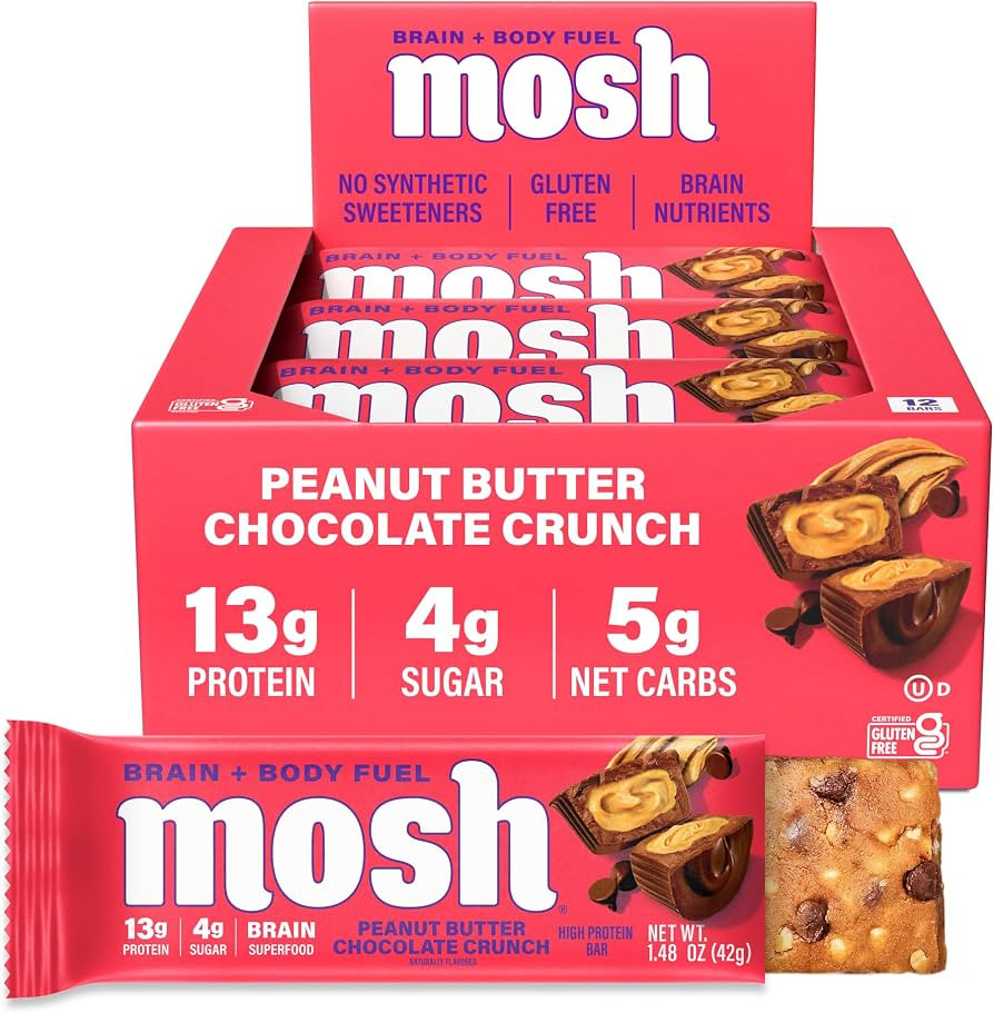 MOSH Peanut Butter Chocolate Crunch Brain Health Protein Bars, Keto, 12 Ct | Amazon (US)