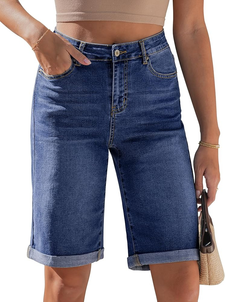 luvamia Bermuda Jean Shorts for Women Knee Length High Waisted Rolled Hem Casual Summer 12'' Inse... | Amazon (US)