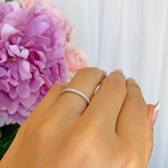 Small Half Eternity Ring, 1.5mm Wedding Band, Engagement Ring, Man Made Diamond Simulants, Bridal... | Etsy (US)