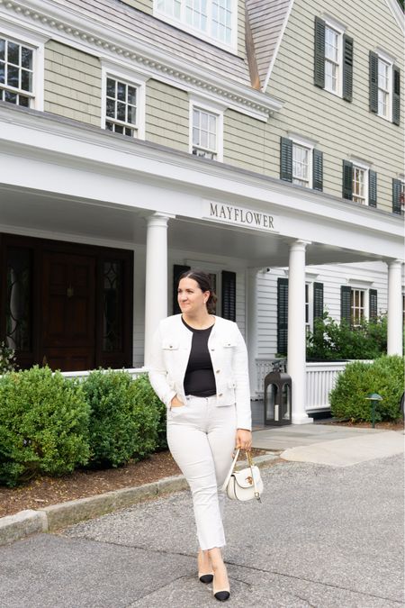 Breakfast at the Mayflower Inn, a New England gem. Wearing Ann Taylor, J. Crew, Chanel heels, and Gucci handbag. 

White tweed jacket is a size 10, but it runs a little small. 
Black Top is a size Large. 
White pants are a size 12  

#LTKstyletip #LTKunder100 #LTKtravel