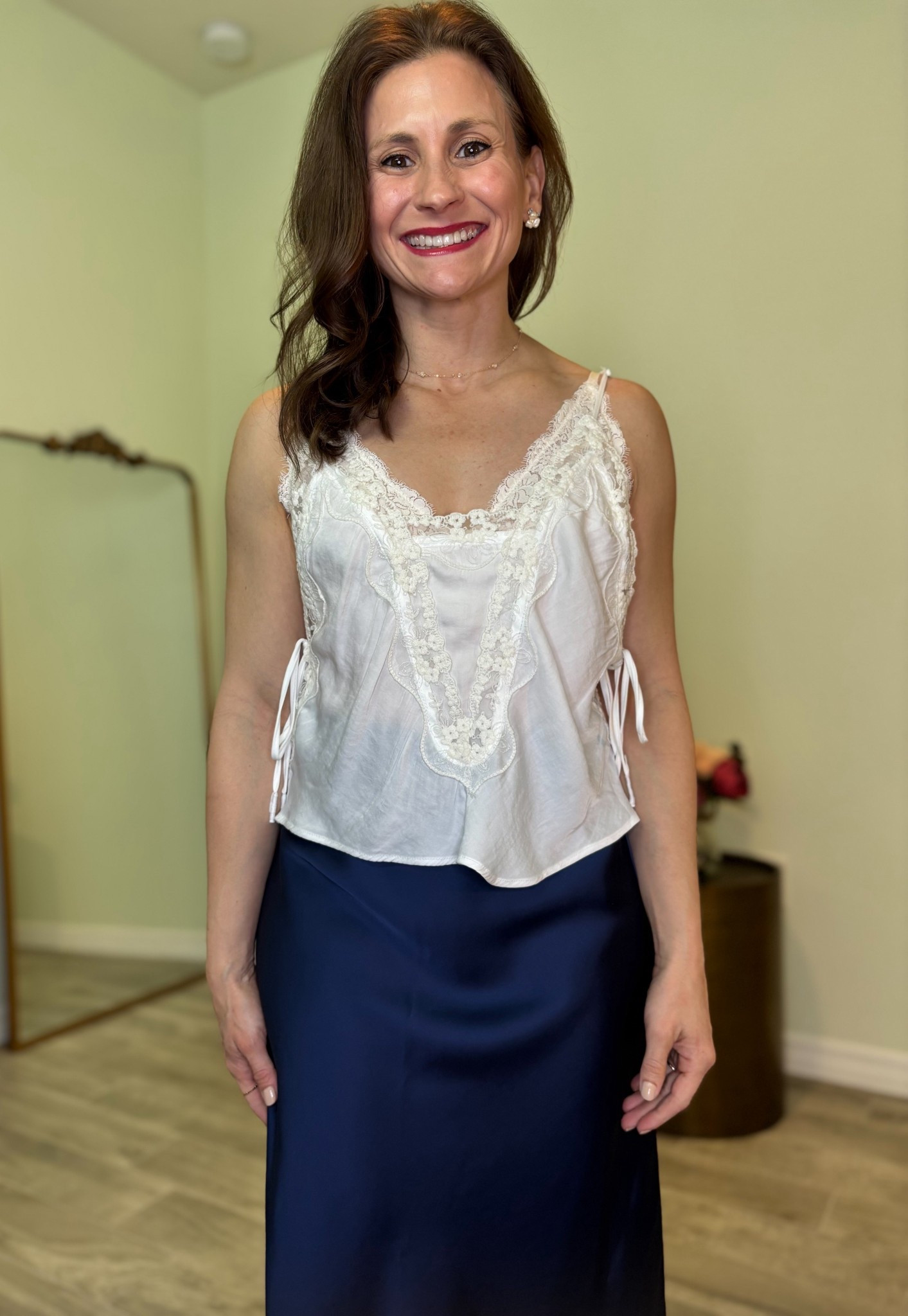 Lace blouse for spring styling and petite size lace trim satin skirt 

#LTKOver40 #LTKootd #LTKPetite