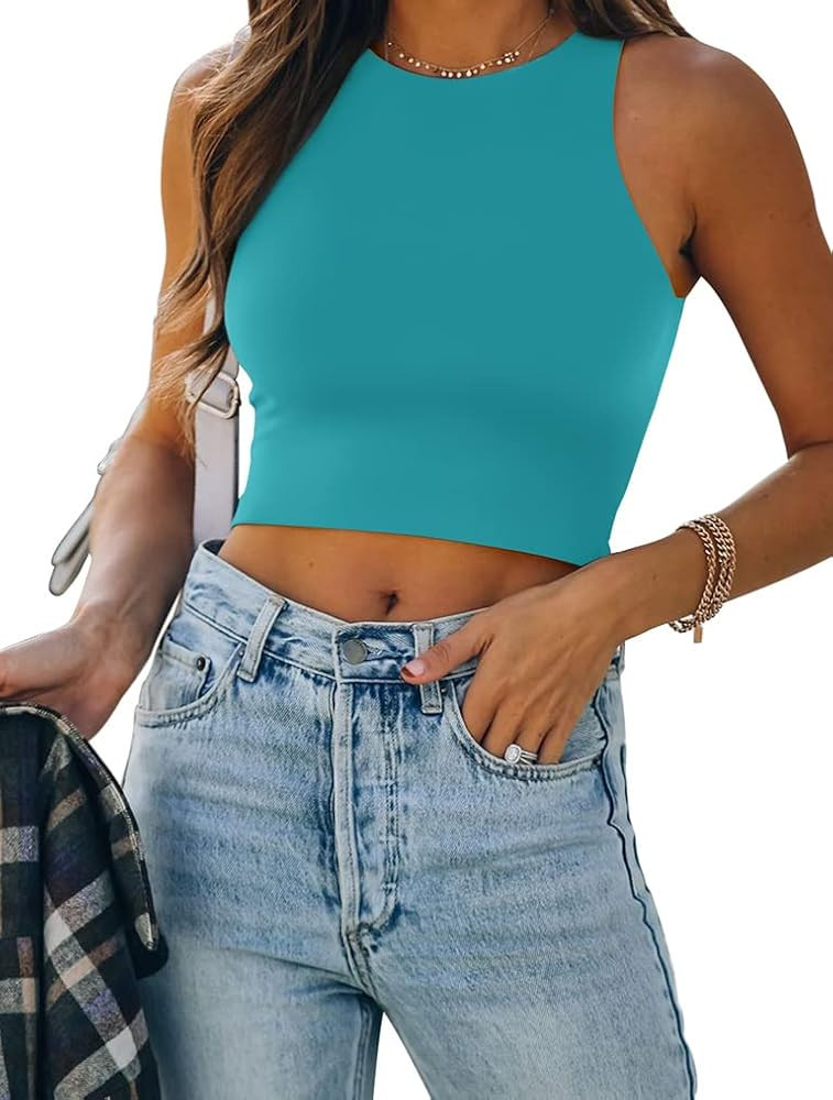 REORIA Women's Sexy Sleeveless Racer Back Tank Tops Halter Neck Crop Tops | Amazon (US)