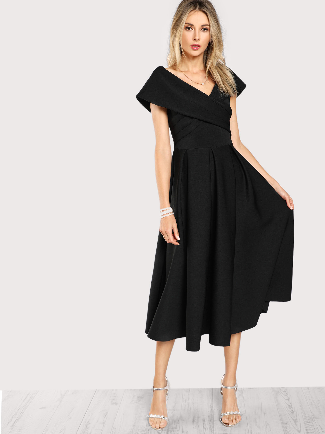 Box Pleated Cross Wrap Bardot Dress | SHEIN