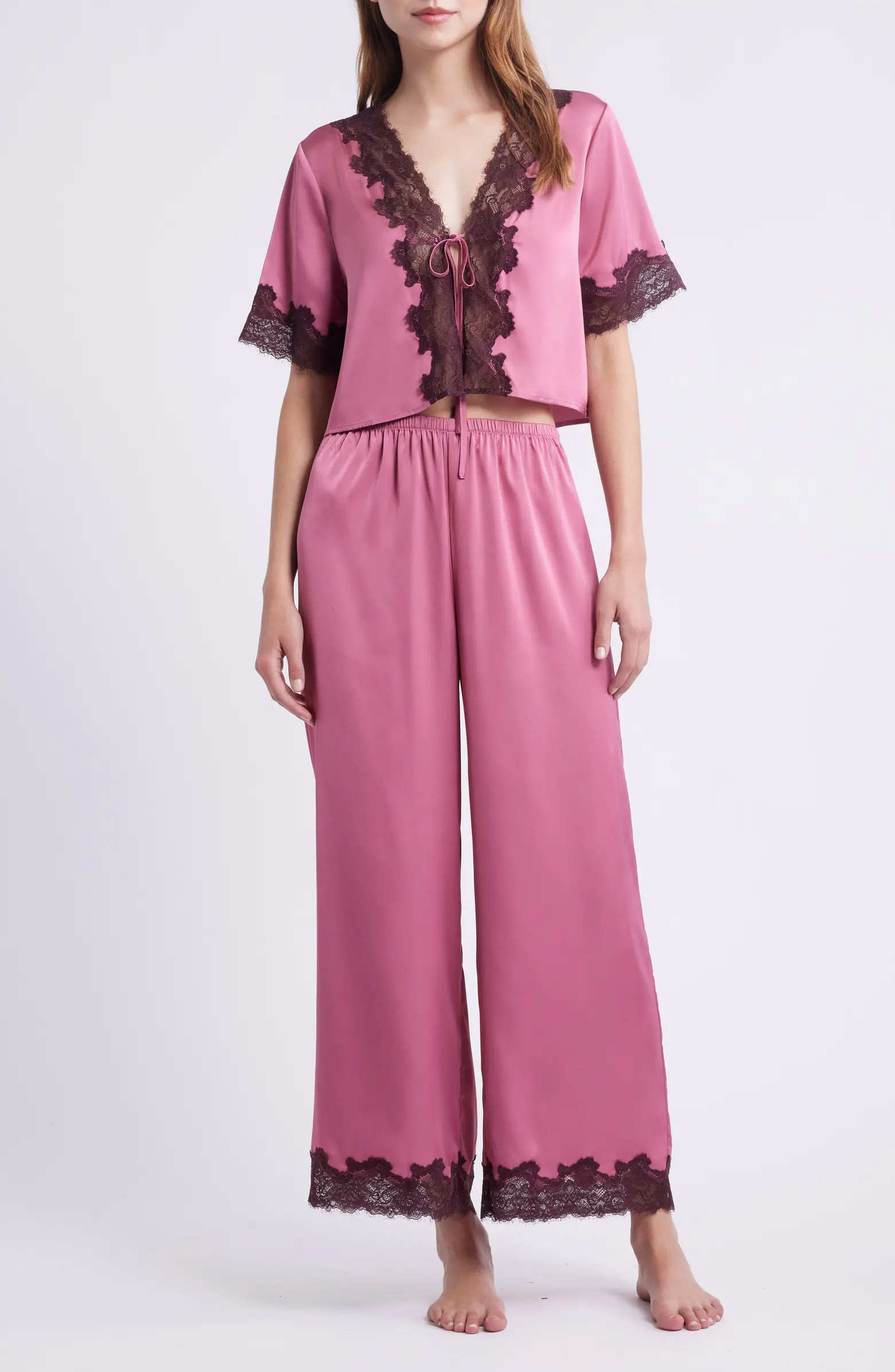 Lace Trim Stretch Satin Crop Pajamas | Nordstrom