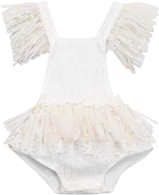 Infant Toddler Baby Girl Lace Romper Dress Sequined Tassel Short Sleeve Jumpsuit Bodysuit Spring ... | Amazon (US)
