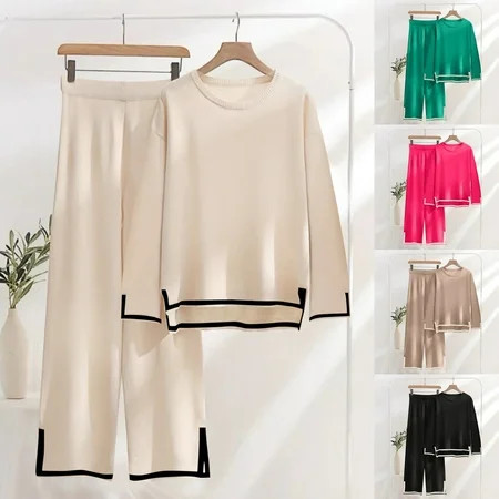 SKSloeg Women s 2 Piece Outfits Long Sleeve Knit Sweater Top Wide Leg Pants Lounge Sets Tracksuits Beige M | Walmart (US)