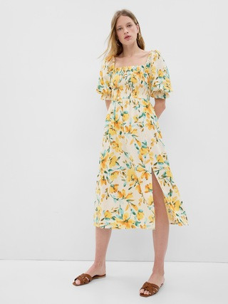 Linen-Blend Puff Sleeve Midi Dress | Gap (US)