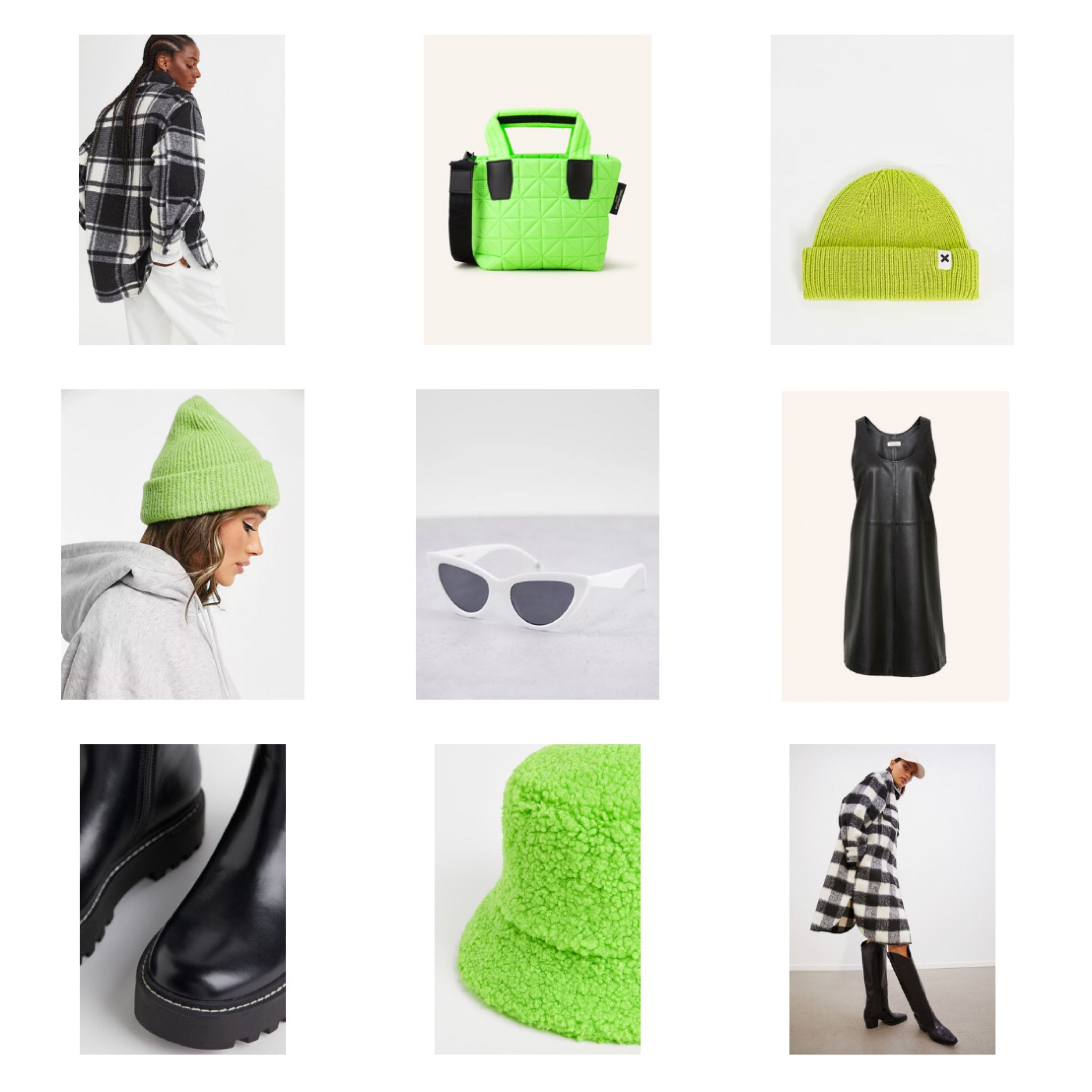 Plaid Neon. Fashion Blogger Girl by Style Blog Heartfelt Hunt. Girl with blond hair wearing a plaid shacket, neon green beanie, white cat-eye sunglasses, faux leather dress, neon green mini bag and chelsea boots. #colorfuloutfit #colorfulstyle #colorfulfashion #colorfullooks #fashionfun #cutefalloutfit #fallfashion2022 #falllookbook #fitcheck #dailylooks #dailylookbook #contentcreator #microinfluencer #discoverunder20k