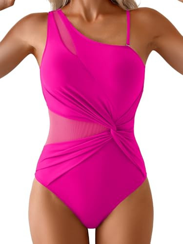 Aidonger One Shoulder One Piece Swimsuit for Women Mesh Tummy Control Bathing Suit Twist Swimwear with Removable Strap Hot Pink | Amazon (US)