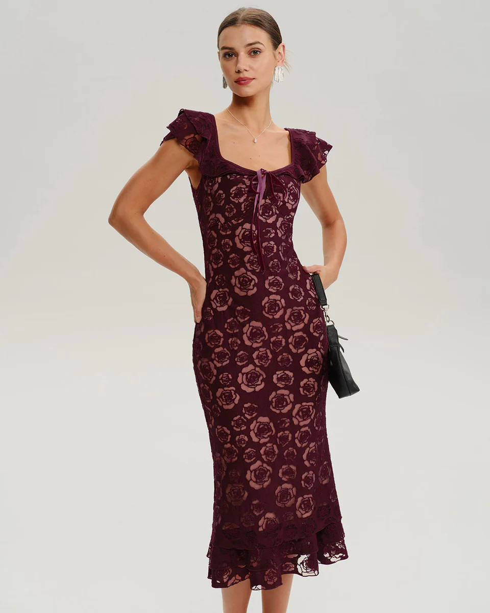 Wine Red Floral Mermaid Midi Dress | rihoas.com