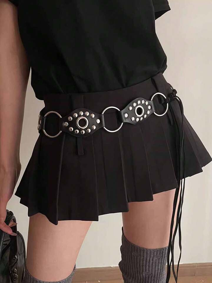 1pc Women's Black Round Buckle Pu Leather Belt With Rivet Detail Halloween | SHEIN