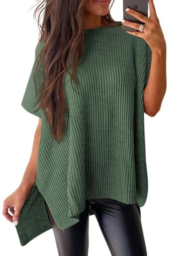 SHEWIN Sweaters for Women Crew Neck Short Sleeve Sweater Casual Tunic Tops Loose Fit Dressy Lightweight Overszied Tshirts for Women Pullover Womens Summer Tops Fall Spring Outfits 2026 Green Small | Amazon (US)