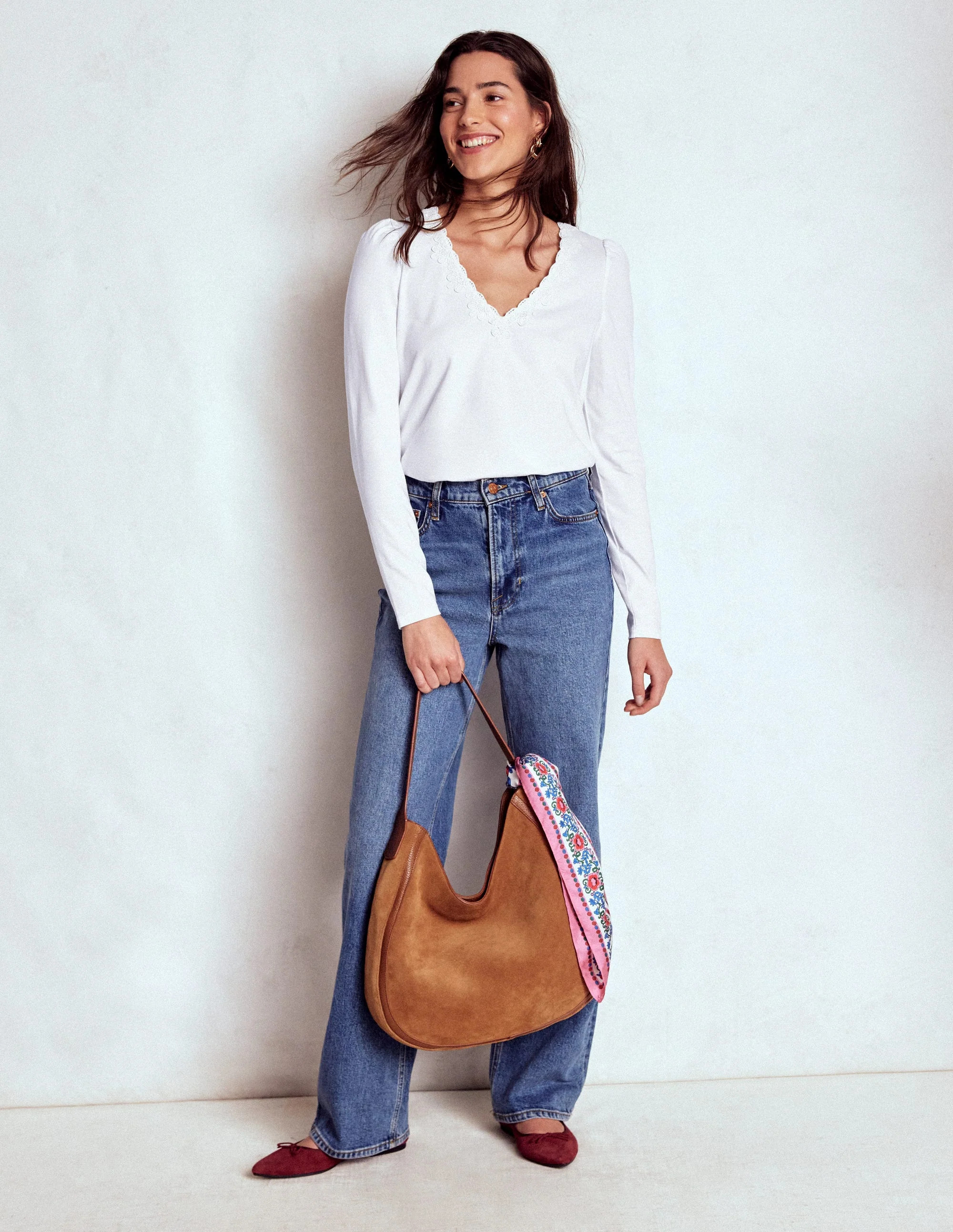 Flora Lace V-neck Top-White | Boden UK