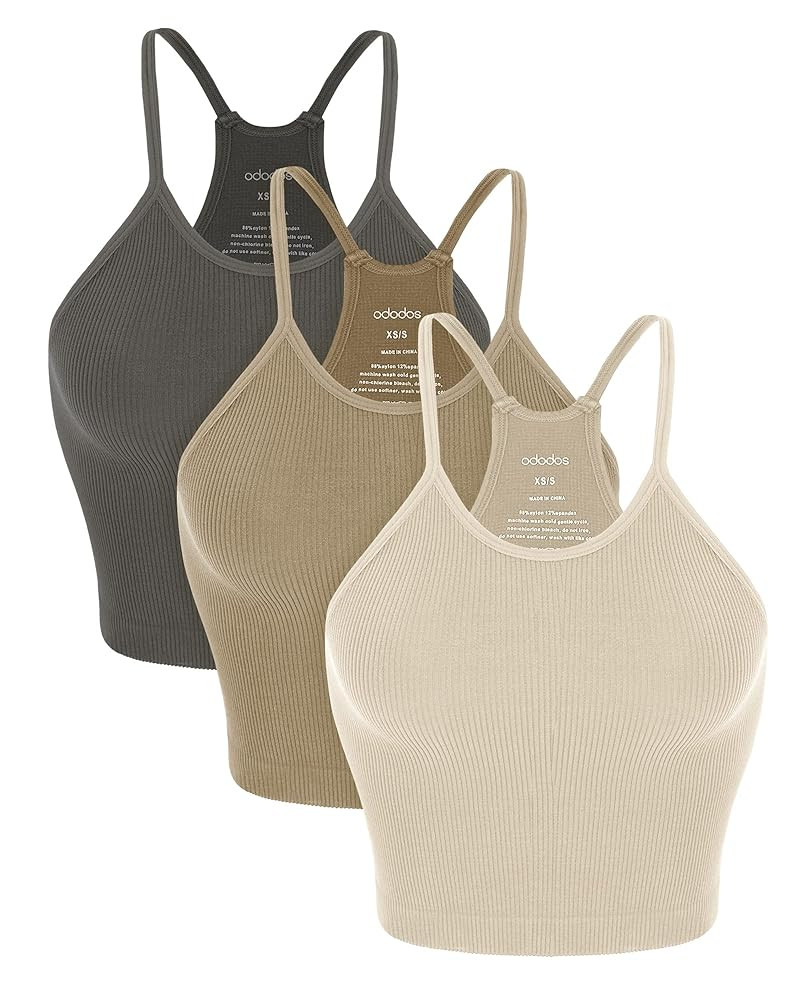 ODODOS Women's Crop 3-Pack Seamless Rib-Knit Camisole Crop Tank Tops | Amazon (US)