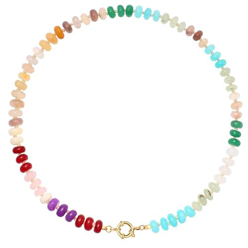 LALAPPLE Colorful Beaded Gemstone Necklace for Women, Boho Rainbow Bead Choker with Natural Stone Crystal Beads, Handmade Summer Beach Necklace Jewelry (E-rainbow2) | Amazon (US)