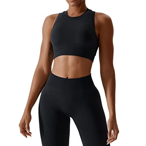 ABOCIW Workout Sets for Women, High Impact Racerback Sports Bra Crop Tops and Seamless Tummy Control High Waist Leggings 2 Piece Gym Yoga Outfits Black Medium | Amazon (US)
