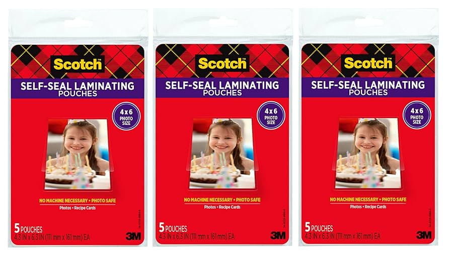 Scotch Self-Sealing Laminating Pouches, 4 x 6 Inches, 3-Pack of 5 Pouches – No Machine Needed, ... | Amazon (US)