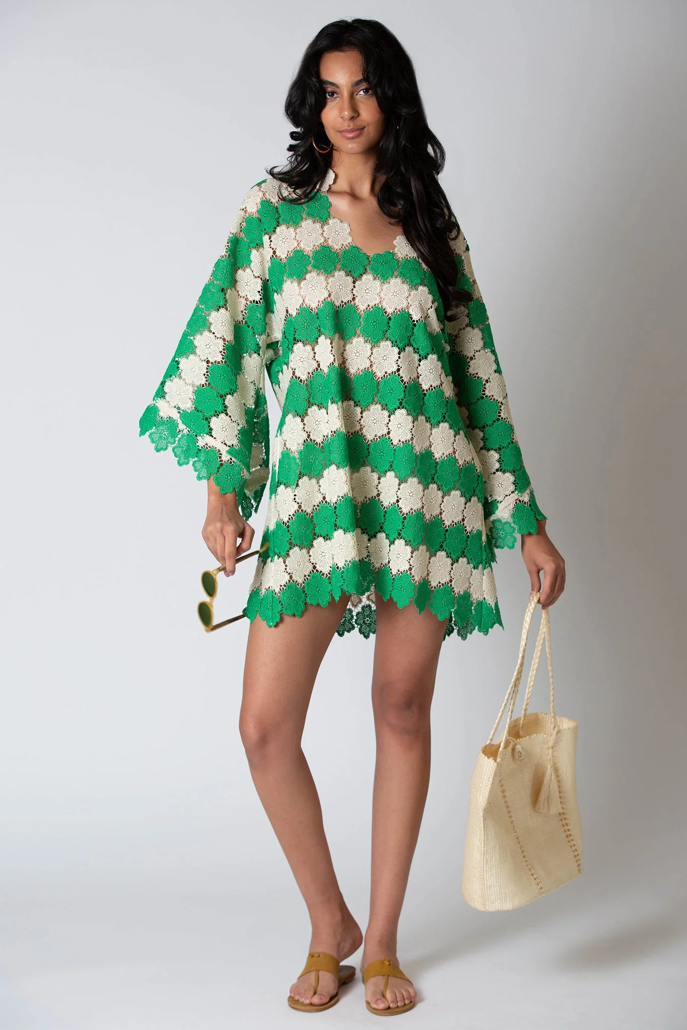 Gianina Two-Tone Cosmos Flower Lace Mini Caftan by Miguelina | Support HerStory