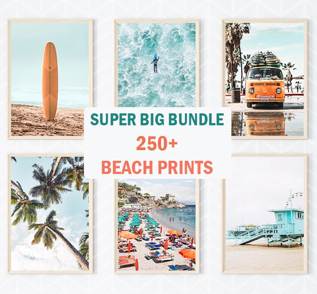 Set of 250 Beach Wall Art Prints Surf Poster Tropical - Etsy | Etsy (US)