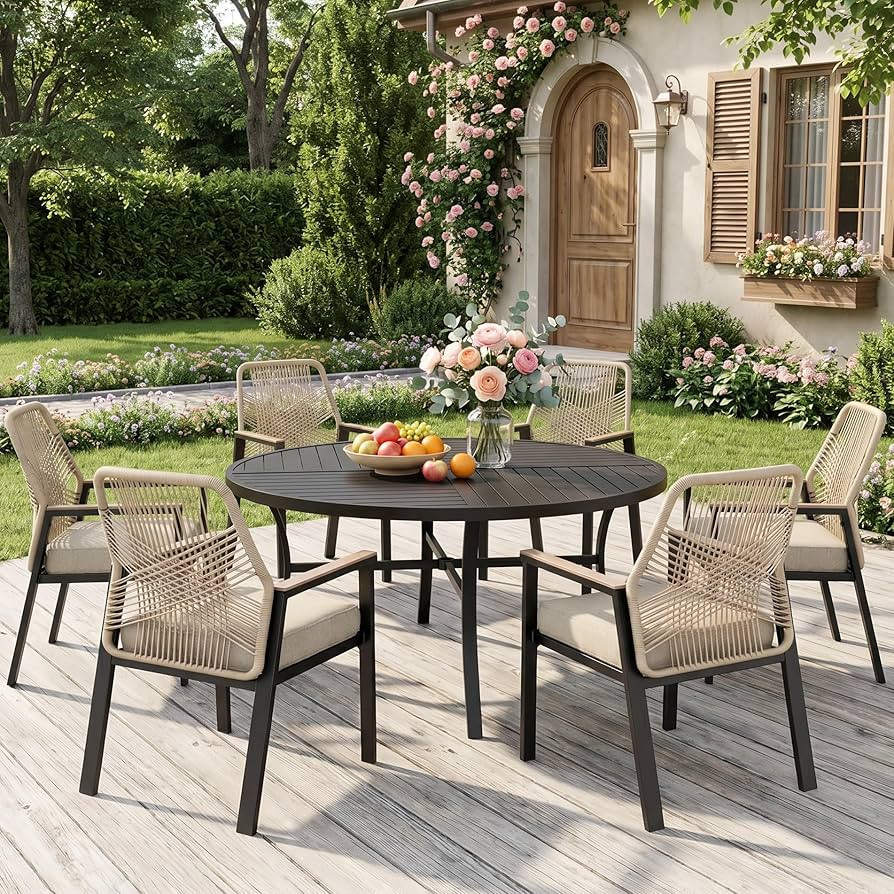MIXPATIO 7 Pieces Round Outdoor Dining Set for 6, Patio Dining Set Wicker Rattan Chairs with Soft... | Amazon (US)