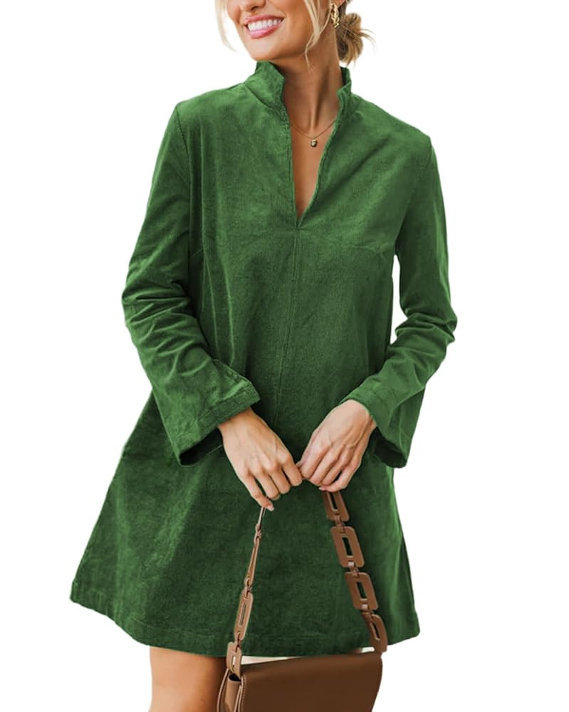Women Corduroy Dress V Neck Long Sleeve Casual Vintage Retro A Line Mini Dresses | Amazon (US)