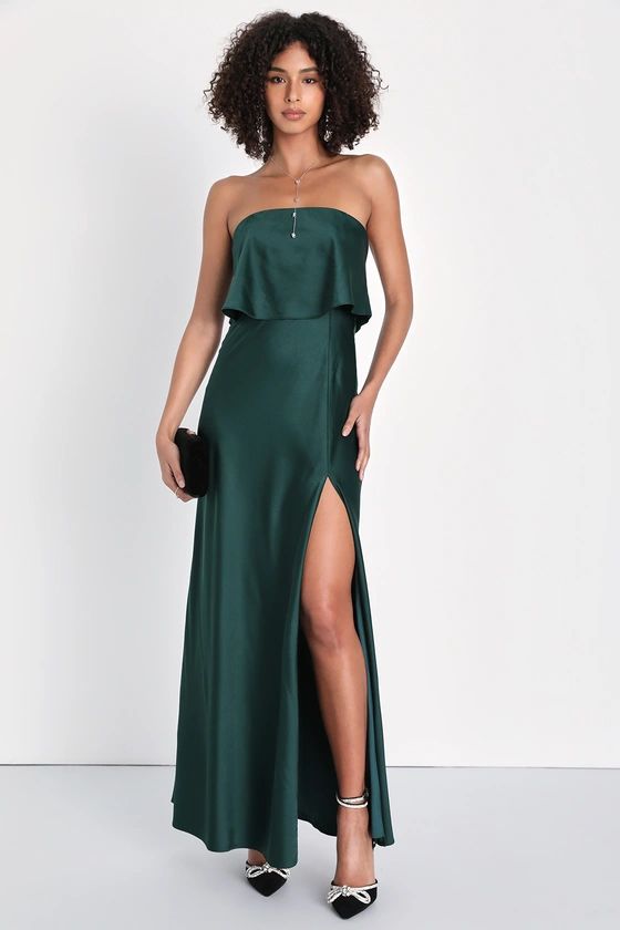 Alluring Behavior Emerald Green Satin Strapless Maxi Dress | Lulus