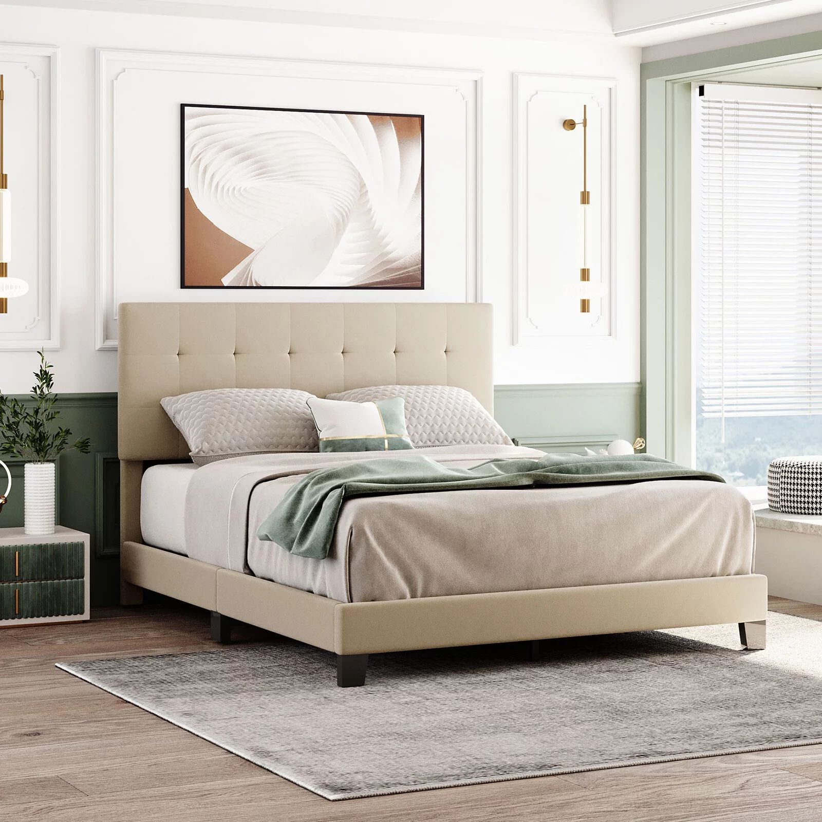 KALEFU Upholstered Platform Bed with Tufted Headboard and Beige Linen Fabric, Queen - Walmart.com | Walmart (US)