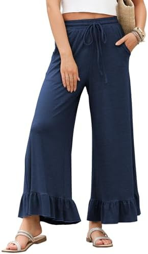 EVALESS Womens Wide Leg Ruffle Hem Palazzo Pants with Pockets | Amazon (US)