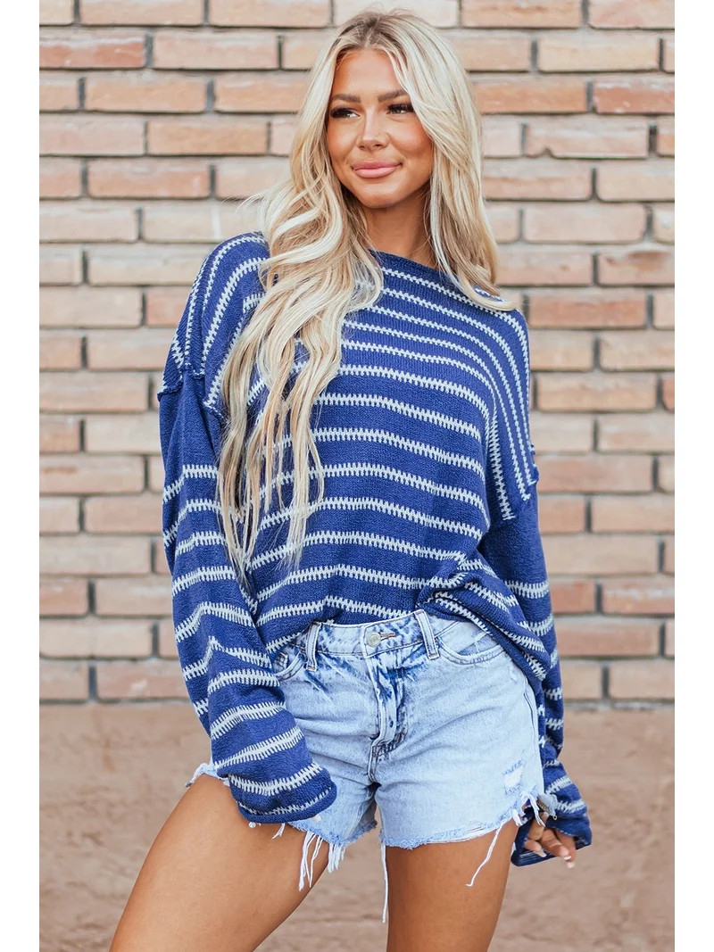 Casuashion Elevate Your Style with Sky Blue Stripe Drop Shoulder Knit Sweater - Comfort & Chic! | Walmart (US)