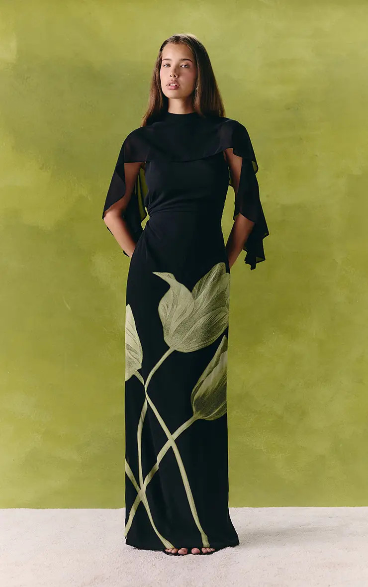 Black Floral Printed Chiffon Cape Overlay Maxi Dress | PrettyLittleThing | PrettyLittleThing UK