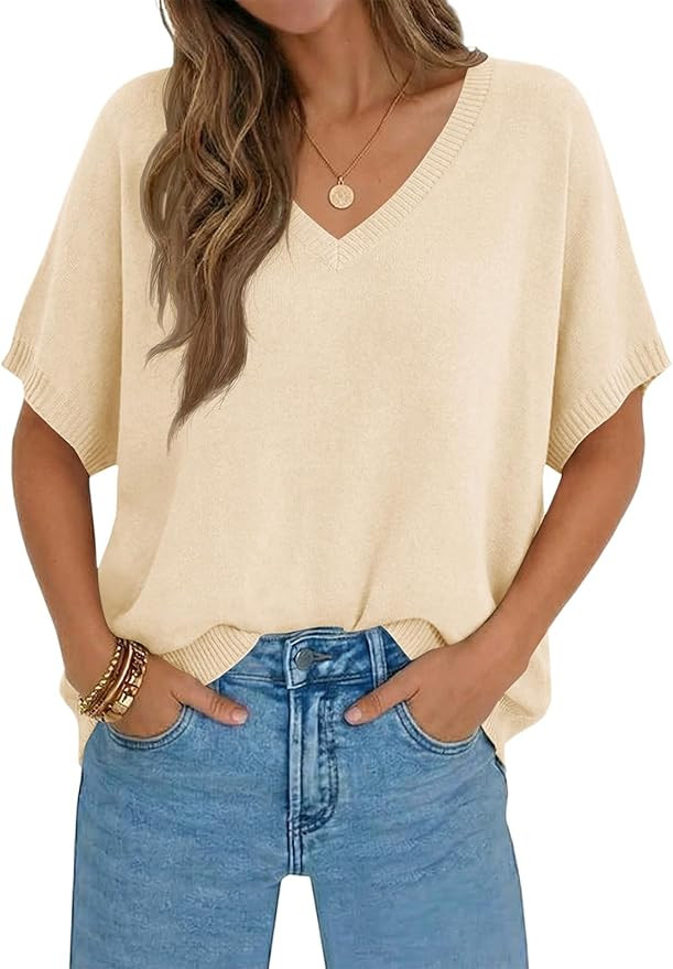 Saodimallsu Womens Oversized Sweaters Batwing Short Sleeve Lightweight V Neck Casual Summer Knit ... | Amazon (US)