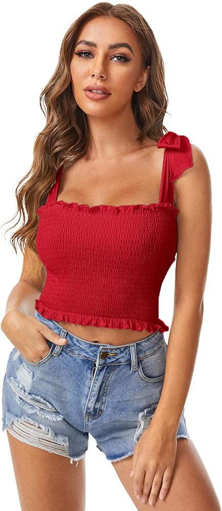 SheIn Women's Casual Frill Smocked Crop Cami Tank Shirred Strap Sleeveless Top Red Medium at Amaz... | Amazon (US)