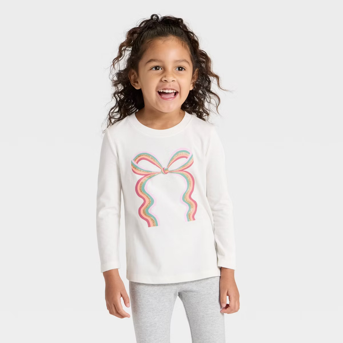 Toddler Girls' Long Sleeve Rainbow Bow Graphic Shirt - Cat & Jack™ Cream | Target