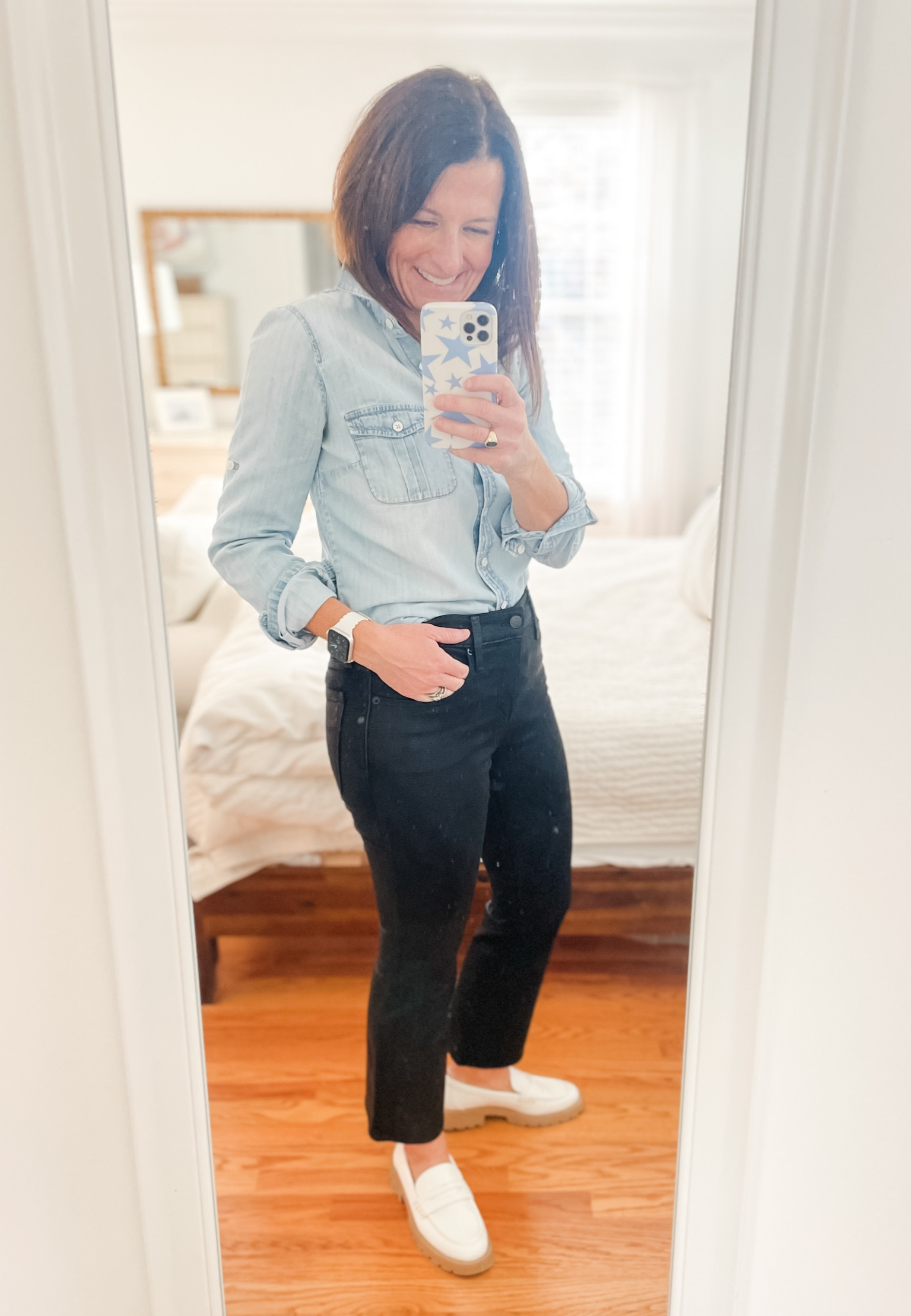 I had the BEST pair of black leather pants in college. Wish I would have hung onto them (although pretty sure I wouldn’t be able to get them up after 3 kids 😂). Thankfully, the trend has come back around - and I’m HERE FOR IT!

Picked up these coated denim jeans at Madewell for 50% off on Black Friday! The sale is over but teachers - we get a discount at Madewell and JCrew!

I’m dressed for work today but plan to wear these for the holidays with some sequins and holiday plaid. I’ve included some ideas for you! XO

#LTKover40 #LTKSeasonal