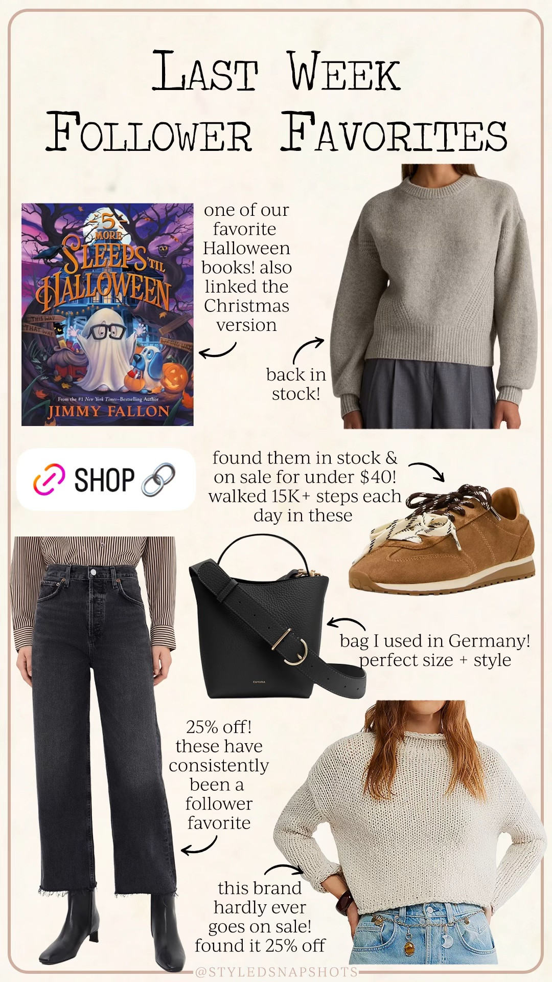 Last week follower favorites! 
1. Kids Halloween book (also have and love the Christmas version)
2. Quince sweater back in stock! I sized up 1 to a medium
3. Sneakers on sale for under $40! Wore these all over Germany. Fit tts 
4. New favorite black jeans are 25% off! I’m 5’5 and wear a 26/tts 
5. Perfect mini black bag! 
6. Found my free people sweater on sale for 25% off! I went size small/tts

#LTKSaleAlert