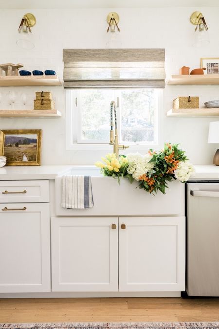 White kitchen with brass hardware and faucet with open shelving

#LTKFind #LTKhome #LTKstyletip