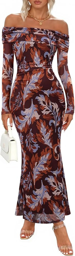 MEROKEETY Women's Fall Off Shoulder Floral Maxi Dresses Formal Long Sleeve Bodycon Cocktail Weddi... | Amazon (US)