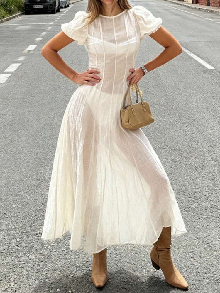 Women's Elegant Transparent Solid Color Puff Sleeve Round Neck Splice Fitted Maxi Dress, Suitable For Summer Beach Vacation White | SHEIN