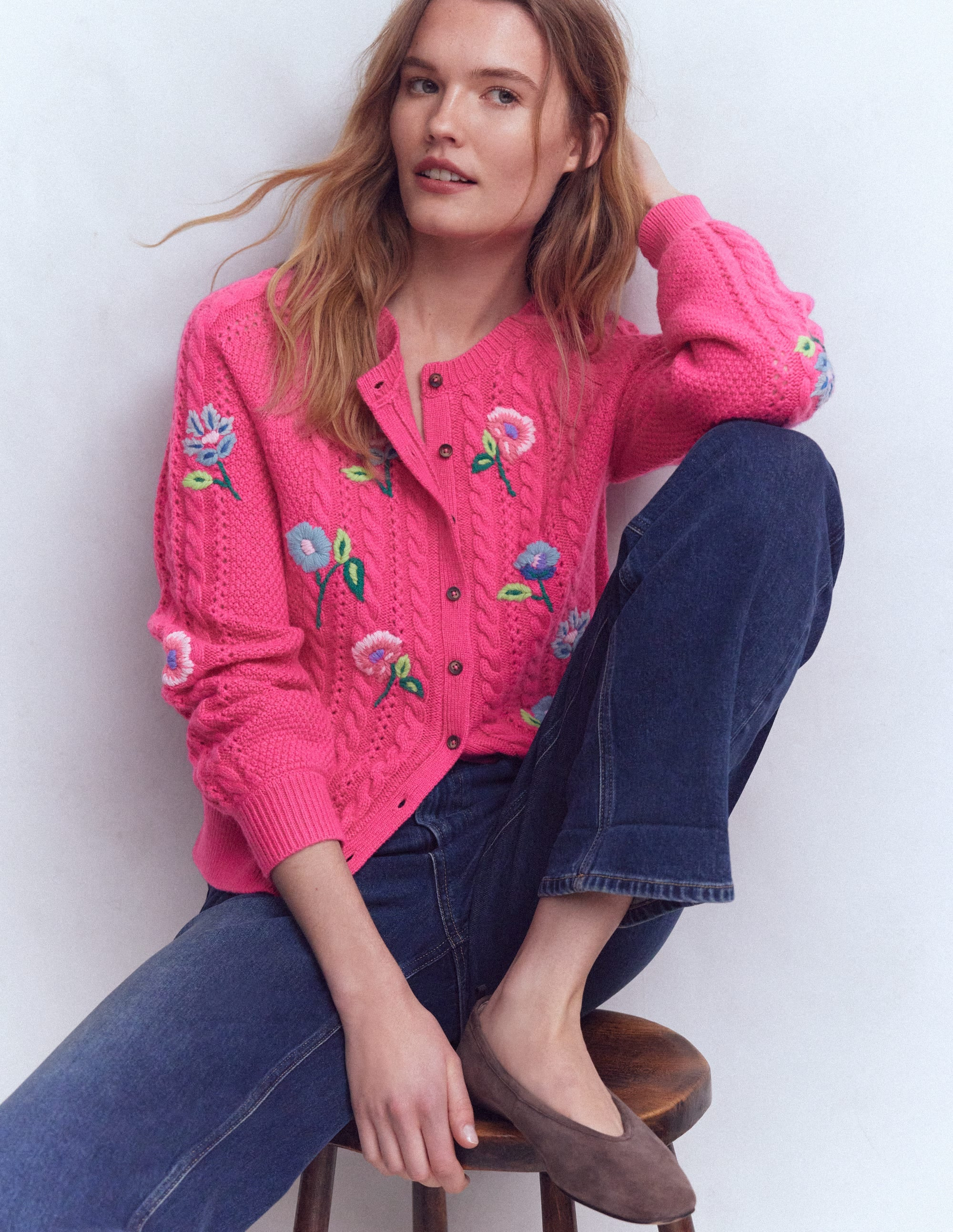 Liv Embroidered Cable Cardigan-Pink Peony | Boden (US)