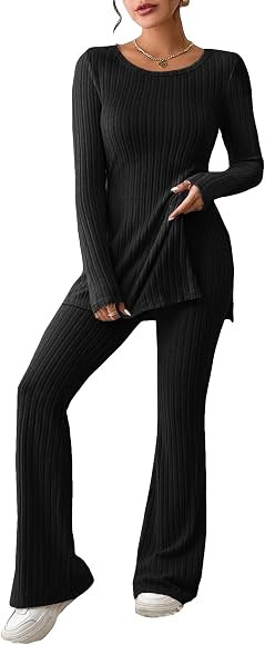 GORGLITTER Women's 2 Piece Solid Rib Knit Outfits Split Hem Tee Top Flare Leg Pants Set | Amazon (US)