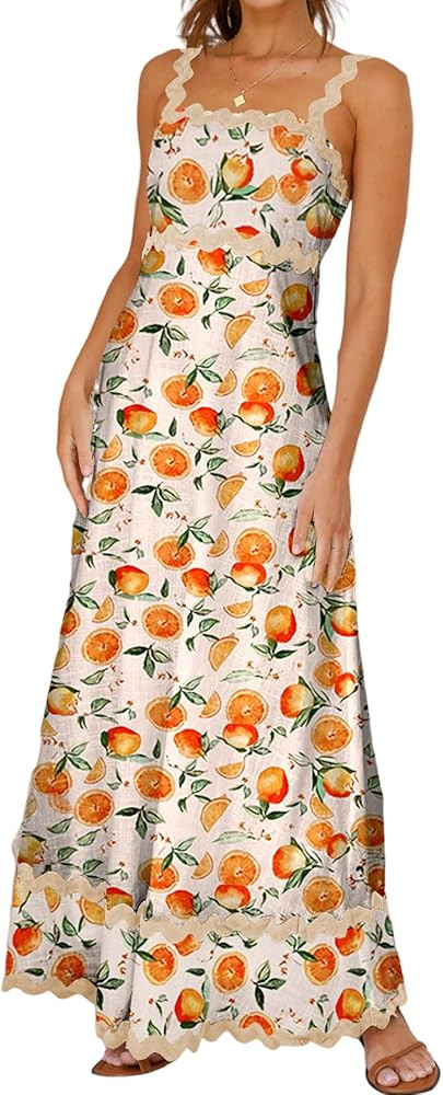 Women's Classy Sleeveless Lemon Print Maxi RIC Rac Dress | Amazon (US)