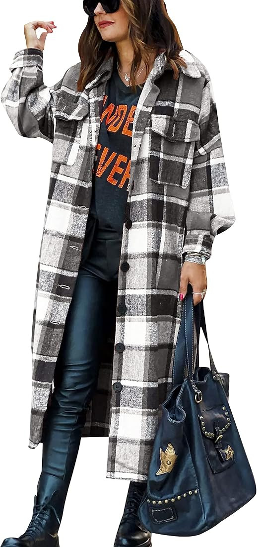 Amazon.com: HangNiFang Oversized Flannel Plaid Long Shirts Shacket Jacket for Women Long Sleeve B... | Amazon (US)